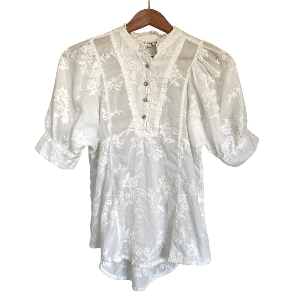 Anthropologie Akemi + Kin White Cotton Embroidered Puff Sleeve Blouse XS Boho - Picture 2 of 10